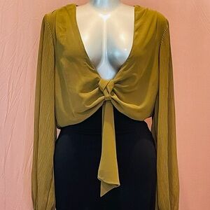 Plus Size Knot-Front Olive Green Pleated Long Sleeve Women's Blouse